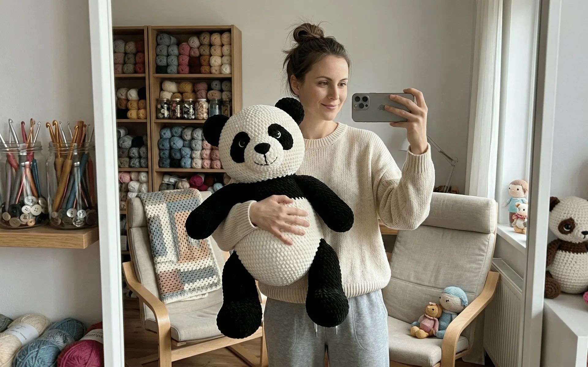 Emma, the designer behind AmiLoops, taking a mirror selfie while holding a giant crocheted amigurumi panda in her yarn studio.