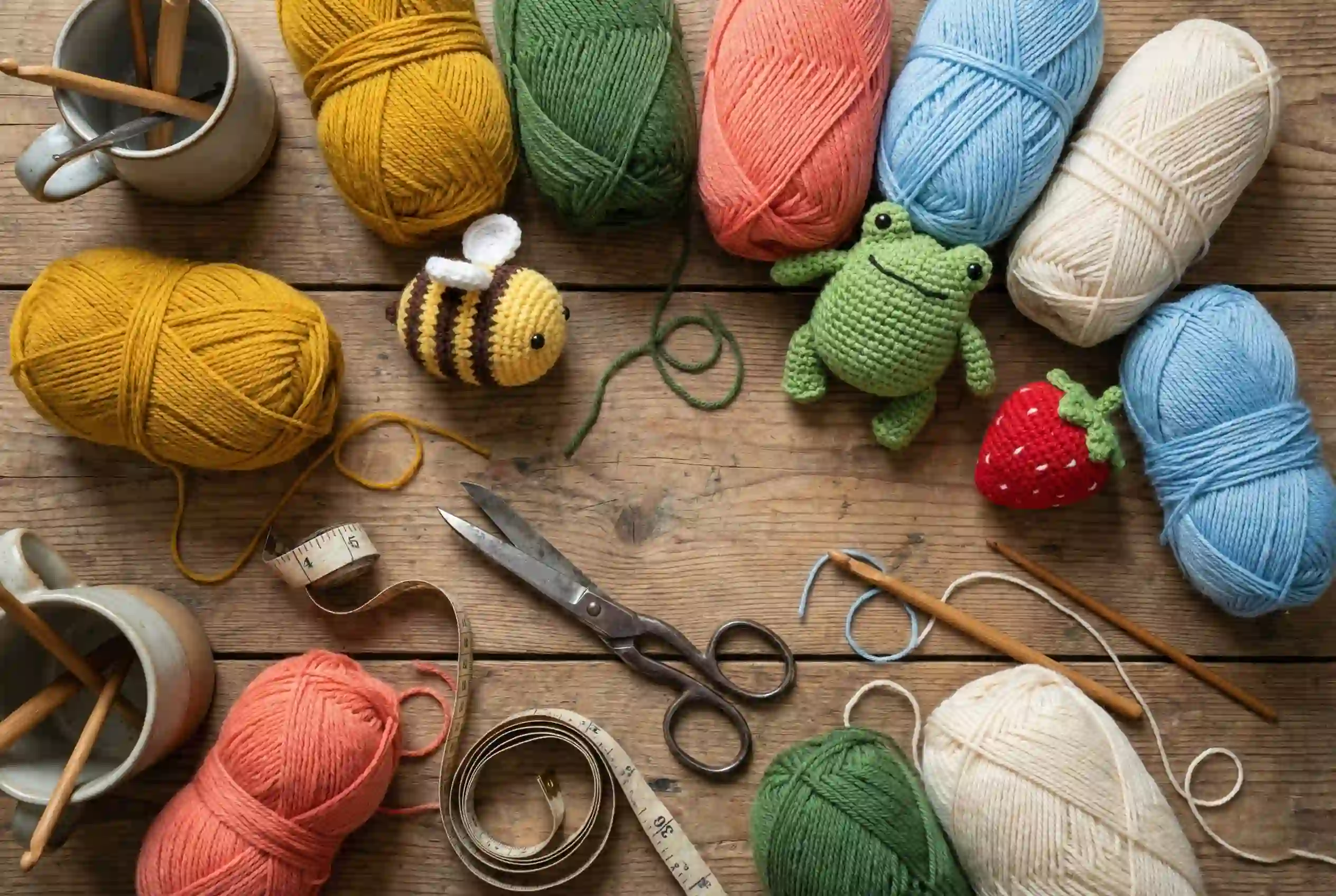 A collection of colorful yarns and finished amigurumi projects for daily freebies.