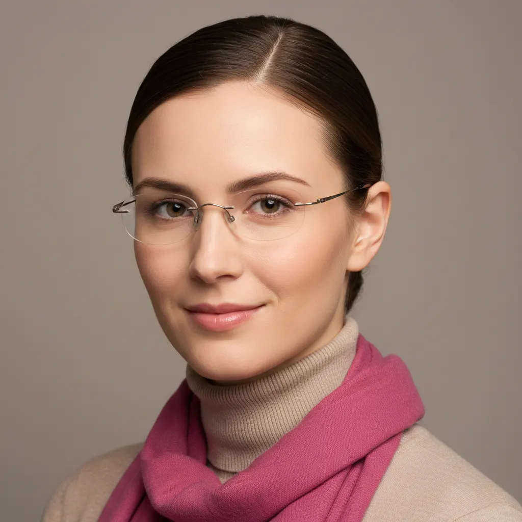 Emma, founder of AmiLoops, wearing glasses and a pink scarf, representing crochet perfectionism.