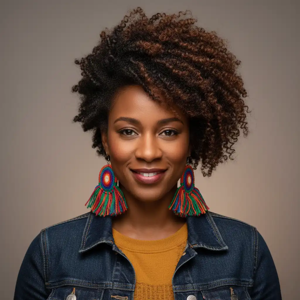 Mia, AmiLoops budget crafter, wearing handmade yarn earrings and a denim jacket.