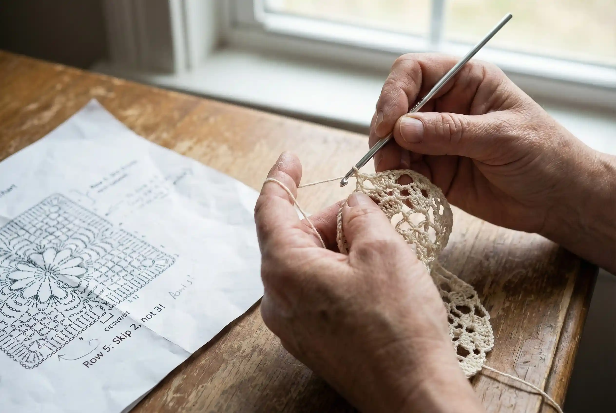 Close-up of testing a crochet pattern with handwritten notes for accuracy.