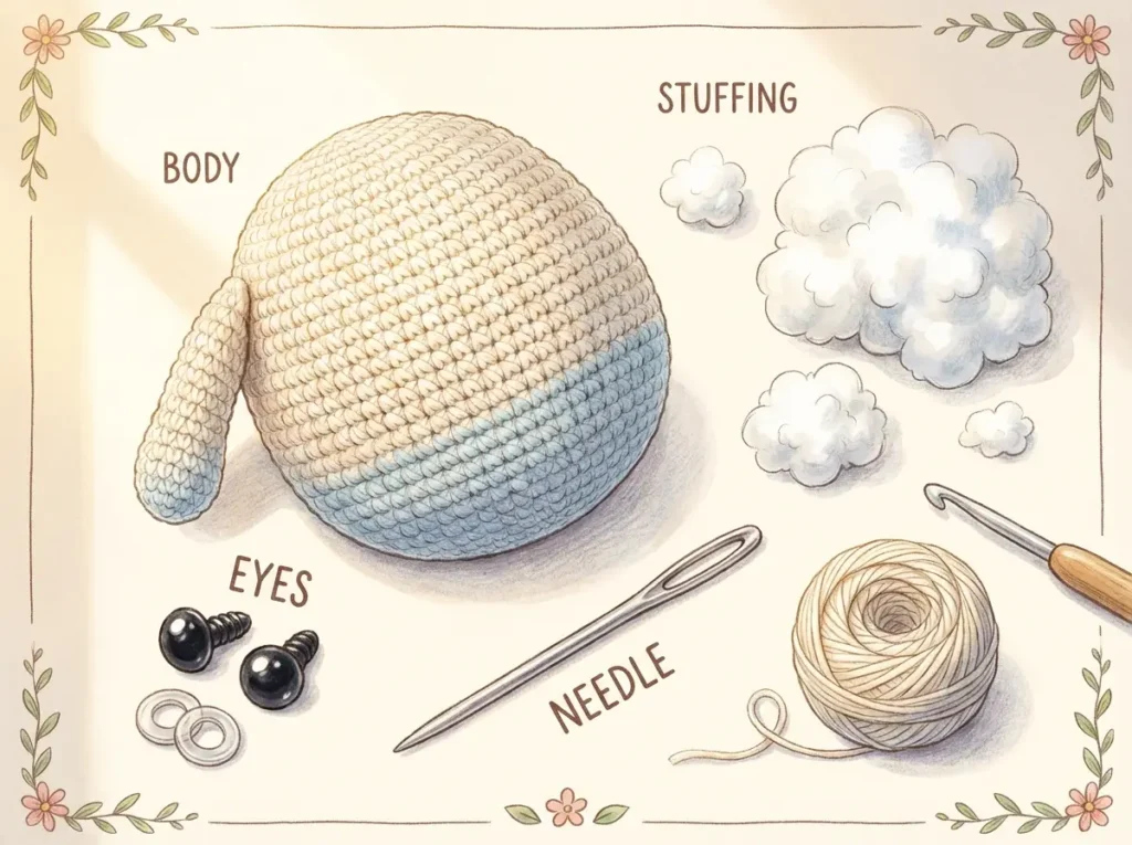 Essential assembly tools in amigurumi for beginners, showing a crocheted body, stuffing, eyes, and a needle.