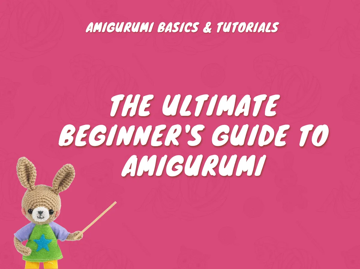 A crocheted bunny holding a pointer introduces amigurumi for beginners next to guide title text on a pink background.