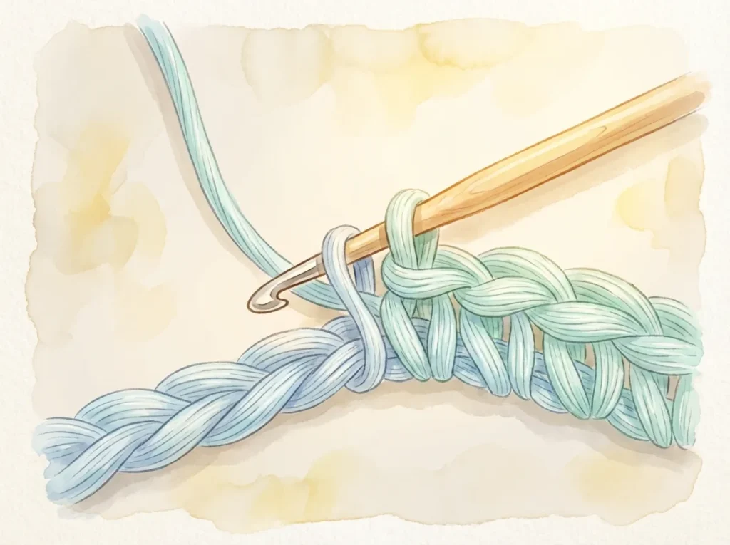 A wooden crochet hook pulls pastel yarn through front loops, demonstrating an invisible decrease in amigurumi for beginners.