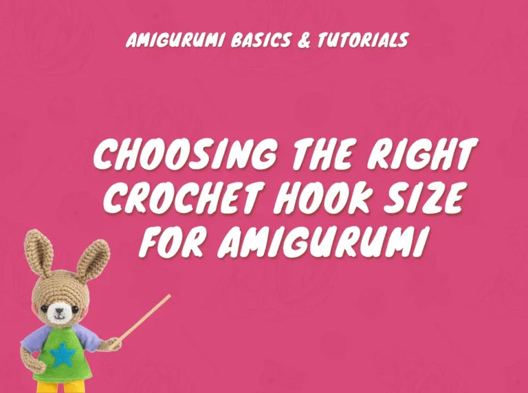 An amigurumi rabbit with a star t-shirt uses a pointer to teach about selecting the correct Amigurumi hook size.