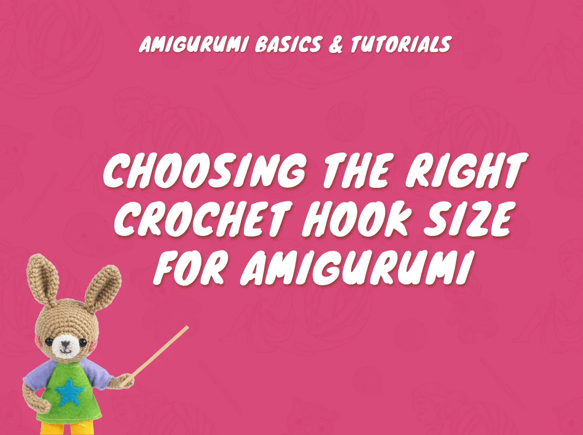 An amigurumi rabbit with a star t-shirt uses a pointer to teach about selecting the correct Amigurumi hook size.