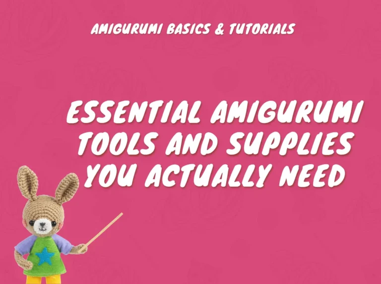 A cute crocheted rabbit character points toward the central text about essential amigurumi tools on a pink background.