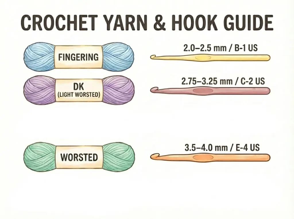 A guide mapping the best yarn for amigurumi across fingering, DK, and worsted weights to correct crochet hook sizes.