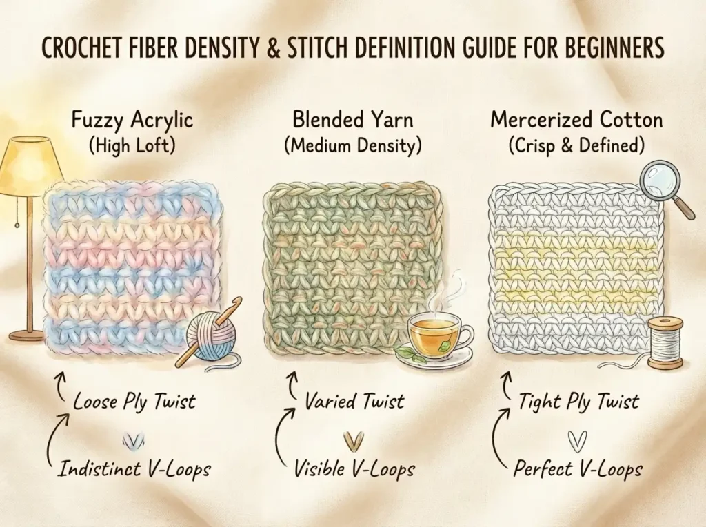A comparison chart showing the best yarn for amigurumi by contrasting fuzzy acrylic, blended yarn, and mercerized cotton.