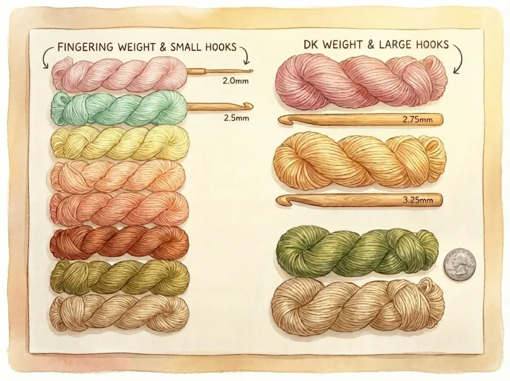 A flat lay showing the best yarn for amigurumi, comparing fingering and DK weights with their matched crochet hook sizes.