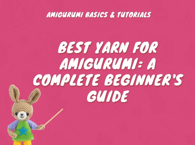 A crocheted bunny holding a pointer stands next to the best yarn for amigurumi guide title on a pink background.