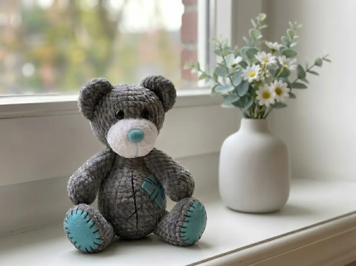 Grey plush amigurumi bear with a teal nose and patches sitting on a white windowsill next to a vase of daisies.