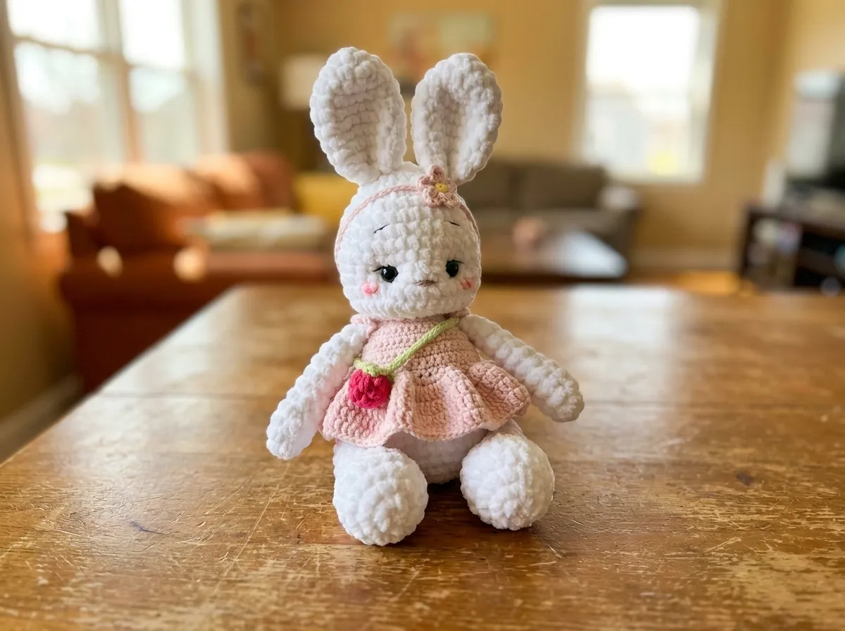 Free crochet amigurumi bunny in pastel pink dress with tiny raspberry purse and flower headband