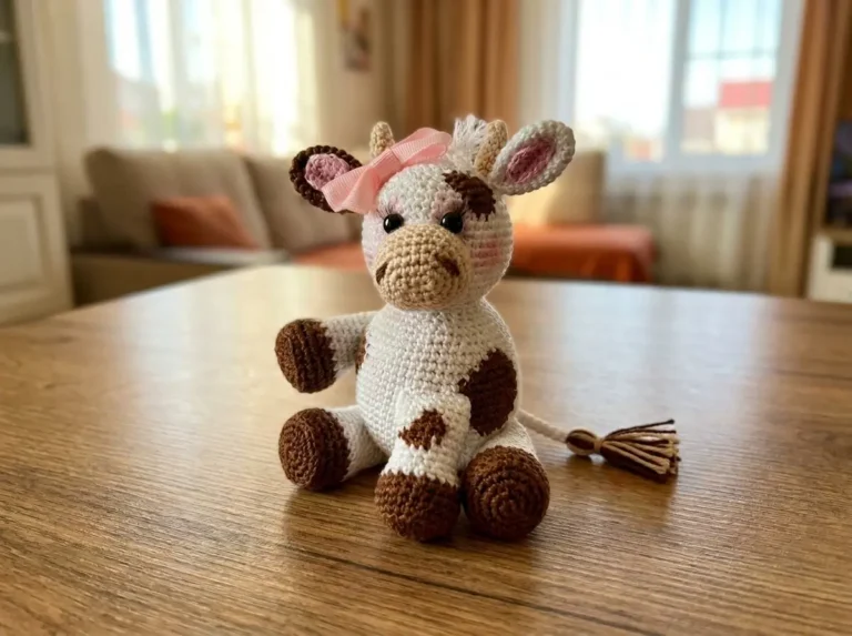 Handmade white and brown amigurumi cow with a pink bow sits on a wooden bench outdoors next to a small potted plant.