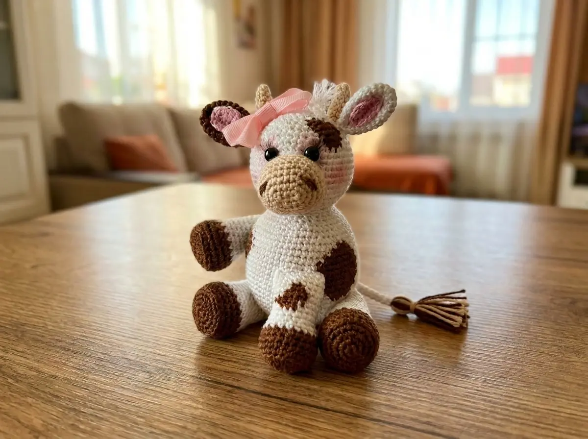 Handmade white and brown amigurumi cow with a pink bow sits on a wooden bench outdoors next to a small potted plant.