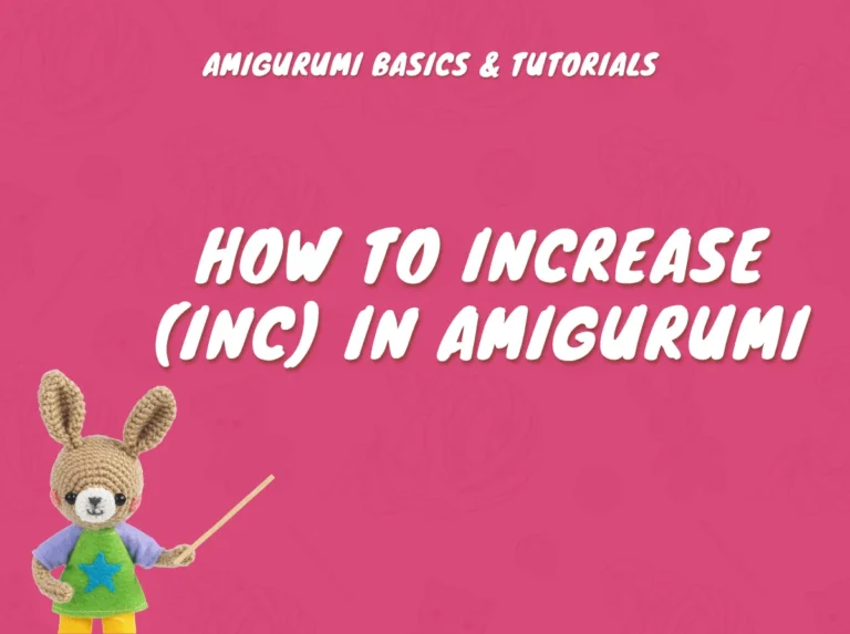 A crocheted rabbit holds a pointer stick in front of fuchsia text about learning the amigurumi increase technique.