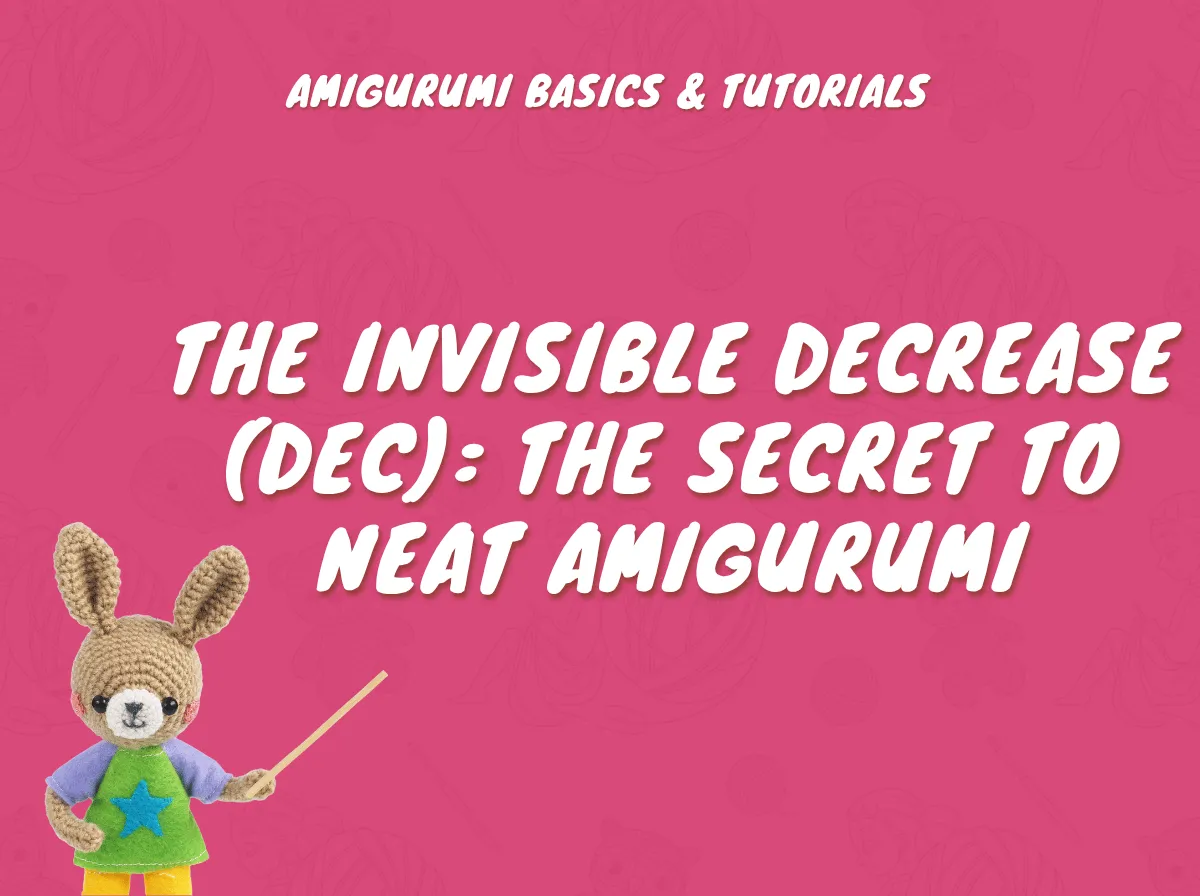 Crocheted bunny holding a pointer next to text about the amigurumi invisible decrease on a pink background.