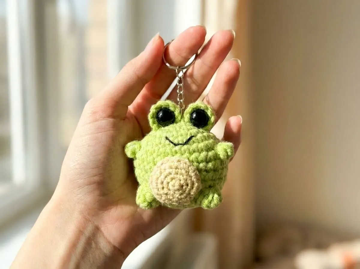 A hand holding a small, light green crocheted frog with a cream belly and black eyes, an amigurumi keychain free pattern.