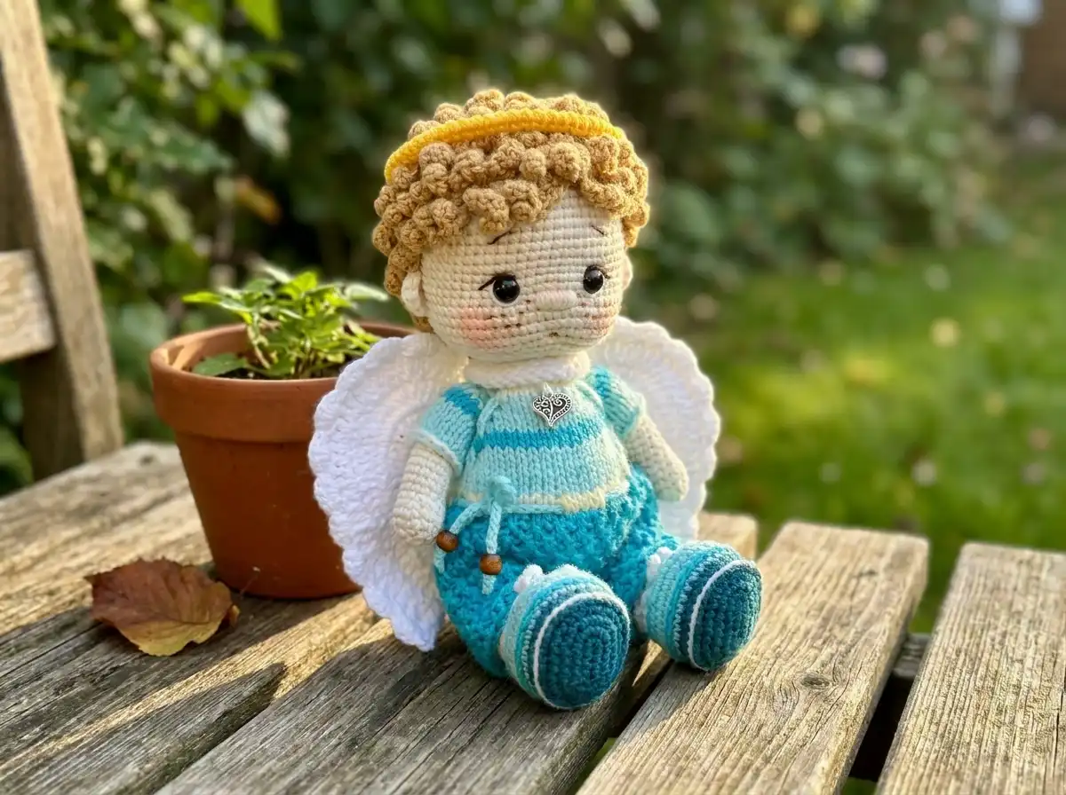 Free angel amigurumi pattern — finished Seraphine doll with sandy curls, white snap-on wings, and knitted overalls in white, blue, and green