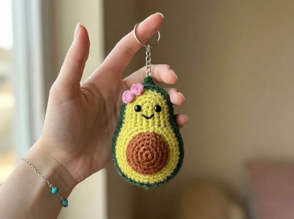 Hand holding a single crocheted avocado keychain amigurumi with a cute pink bow and safety eyes against a bright background.