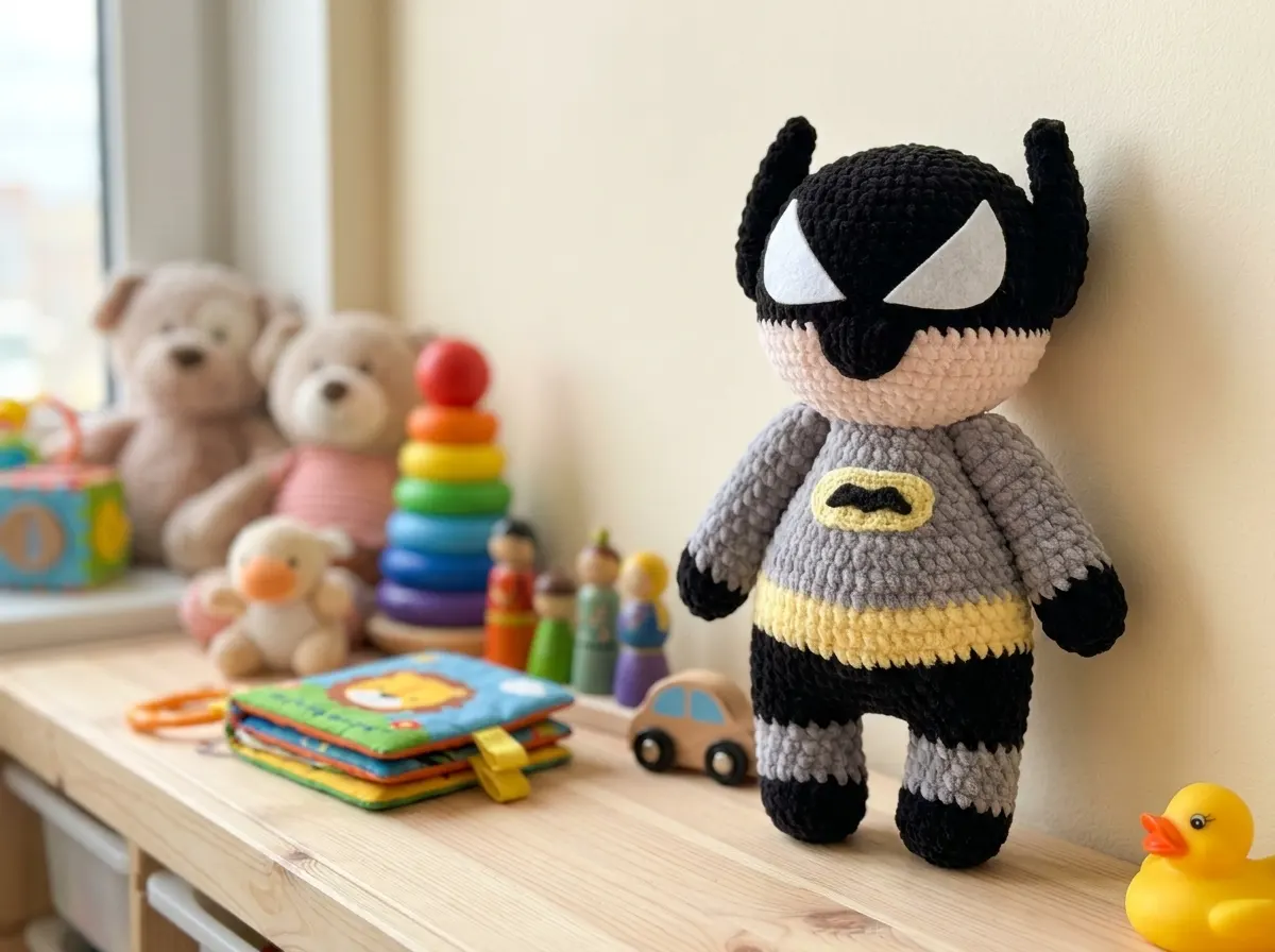 Crochet batman amigurumi doll standing on a wooden shelf next to colorful baby toys and teddy bears in a nursery setting.