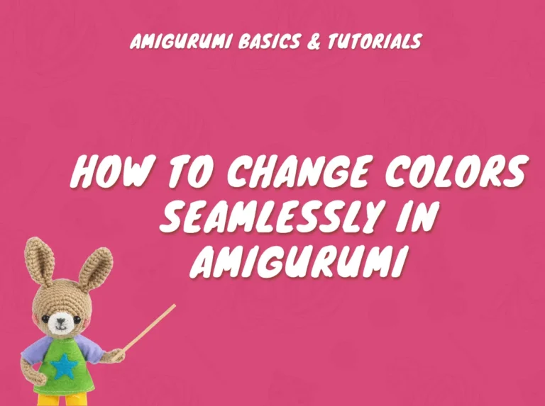A crocheted rabbit character points to a guide teaching how to change color amigurumi seamlessly on a pink background.