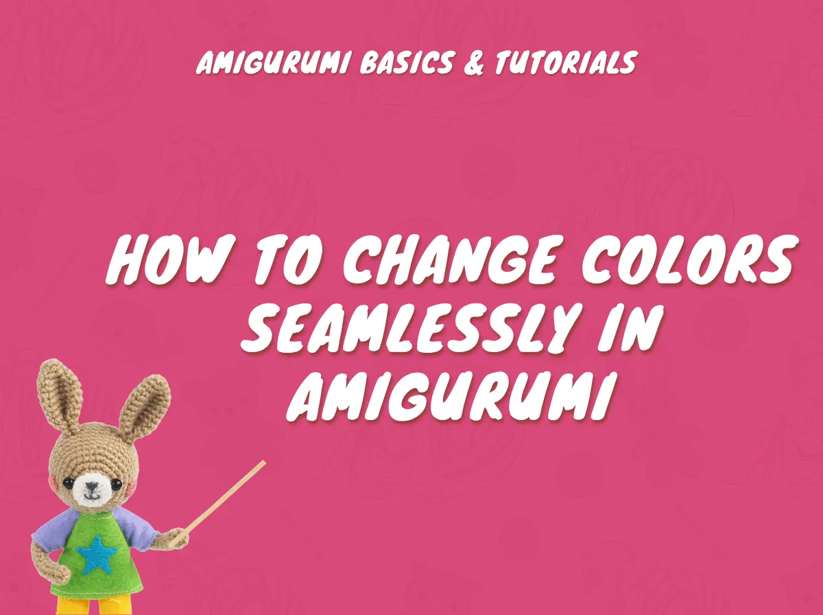 A crocheted rabbit character points to a guide teaching how to change color amigurumi seamlessly on a pink background.