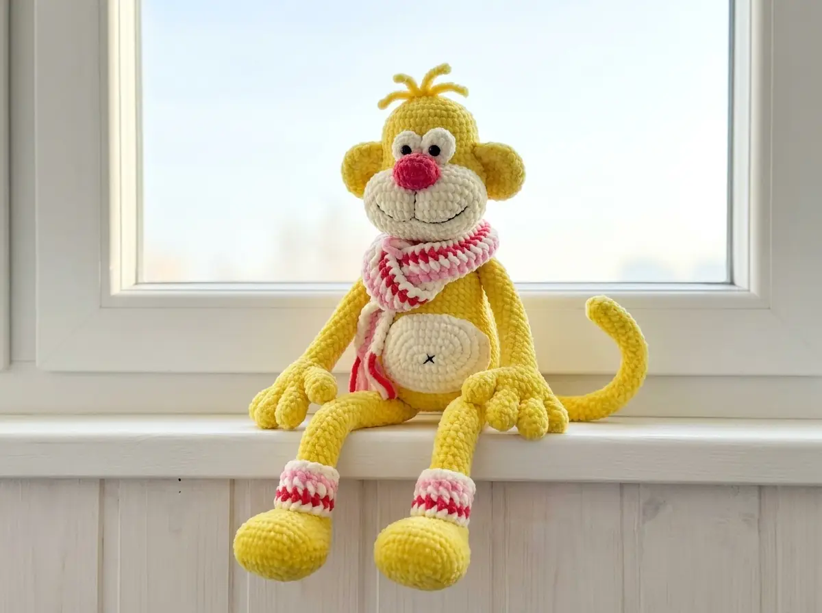 Yellow velvet monkey amigurumi free pattern sitting on a white windowsill with a striped pink scarf.