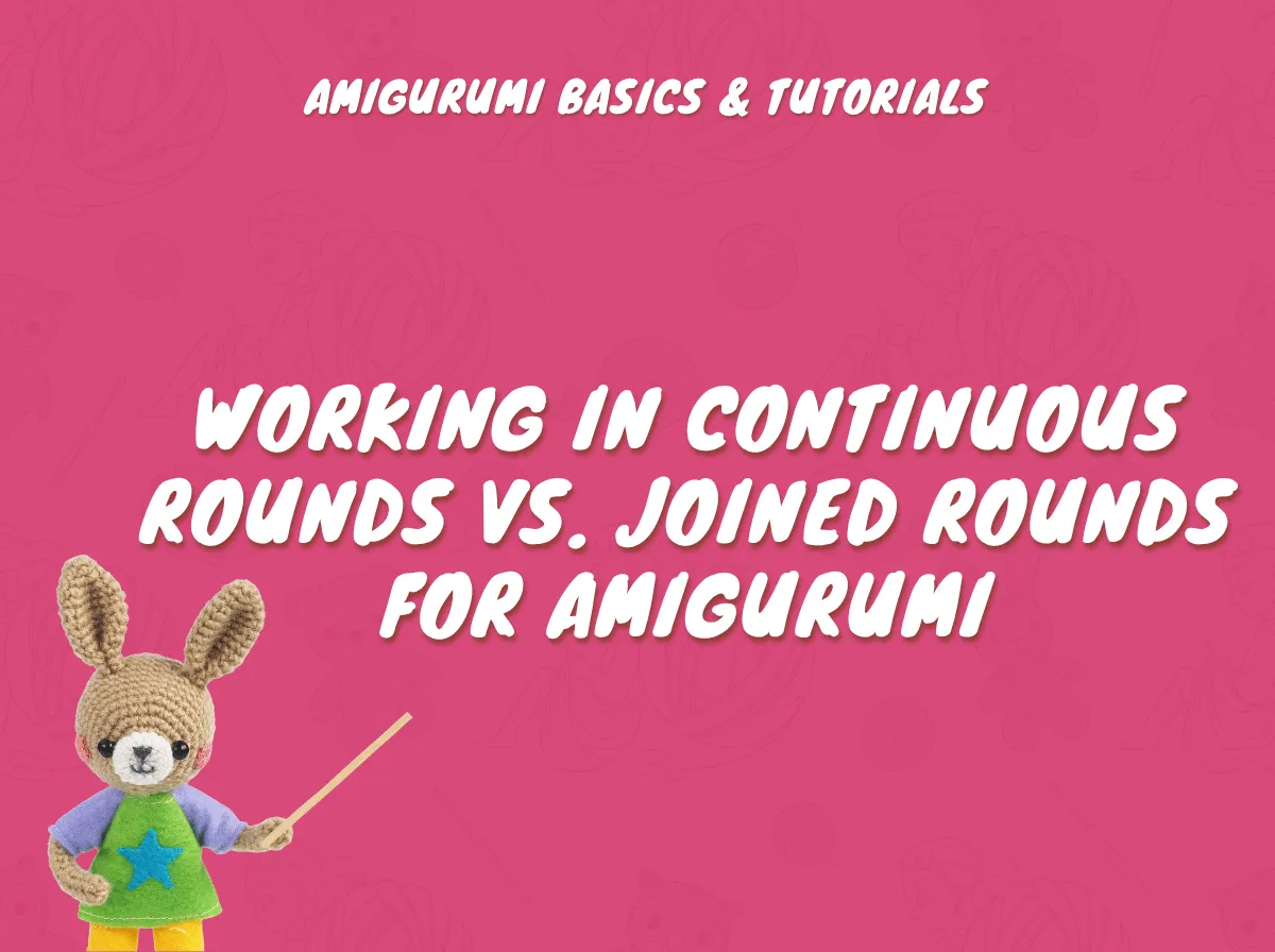 A crocheted bunny points to text about continuous rounds amigurumi on a bright pink background.