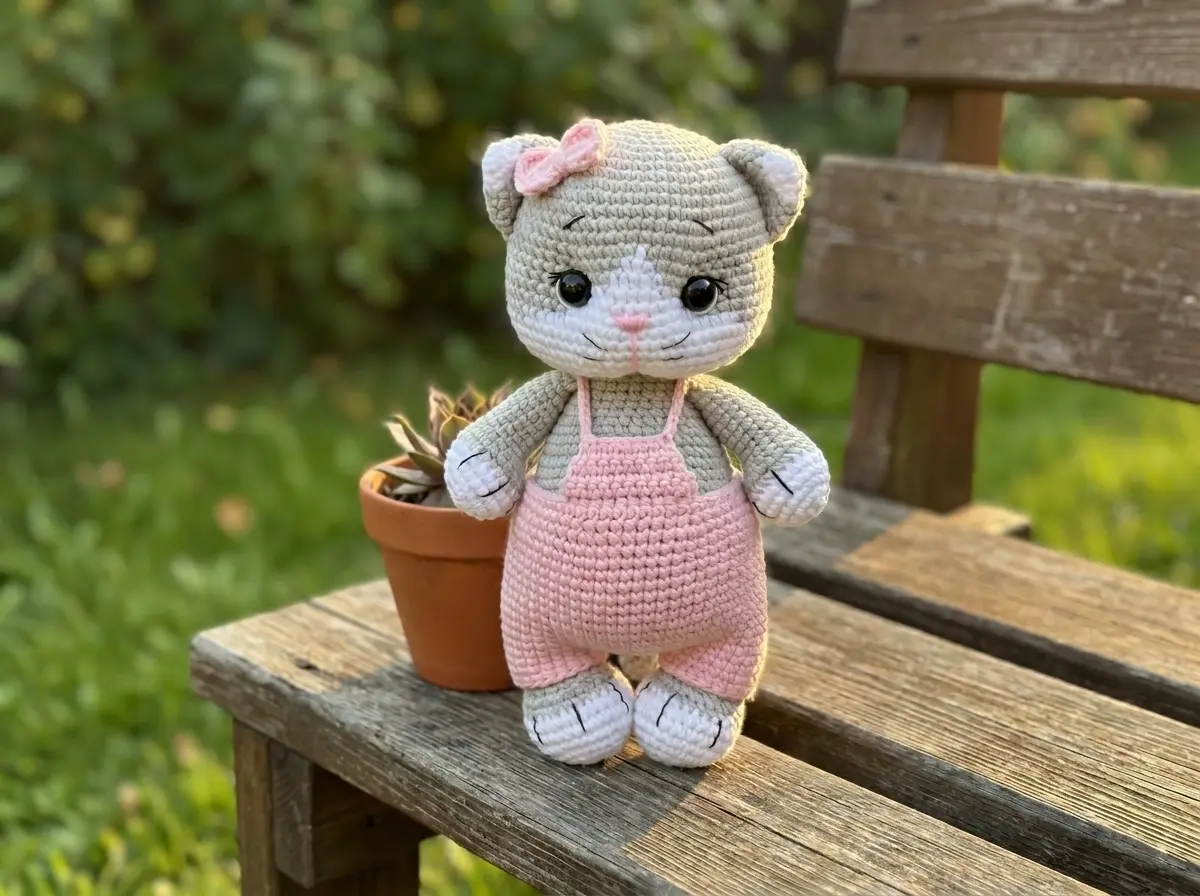 Grey and white crochet cat amigurumi with pink overalls sitting on a wooden bench outdoors.