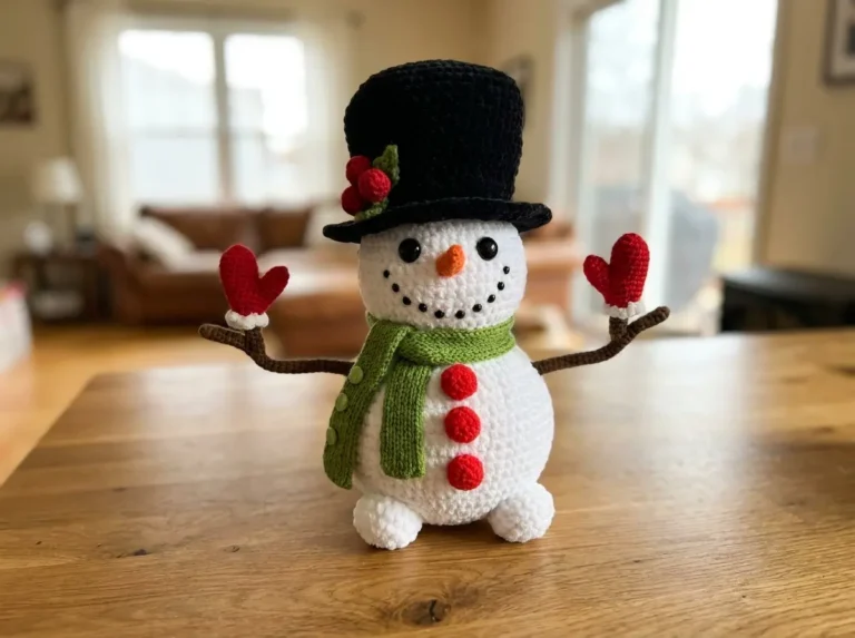 Amigurumi toy from a crochet snowman free pattern with green scarf and red mittens sitting on a wooden table.