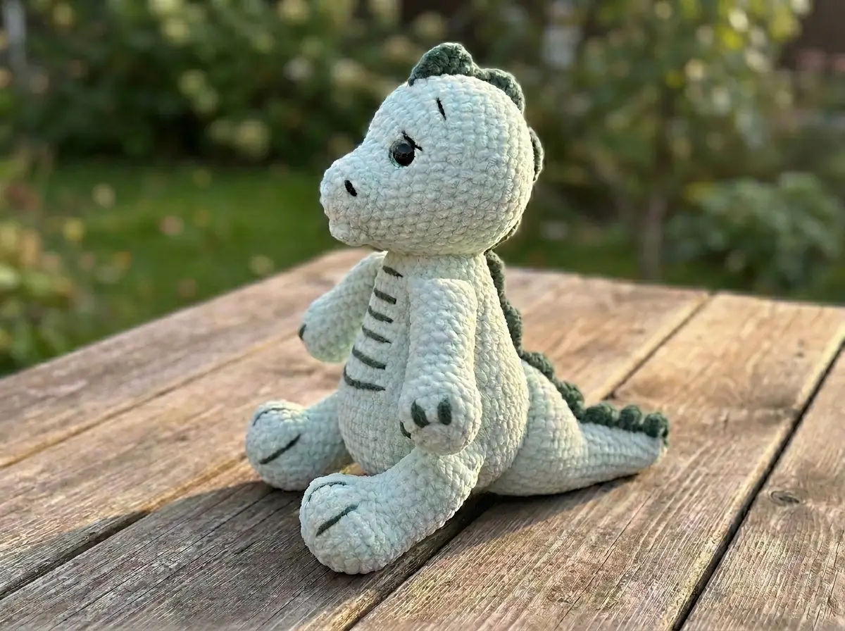Mint green plush dino amigurumi on a wooden bench with a succulent and oak leaf.