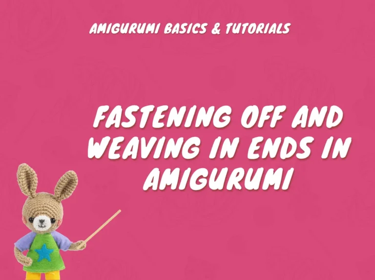 Crocheted bunny pointing to text about how to fasten off amigurumi securely on a bright pink background.