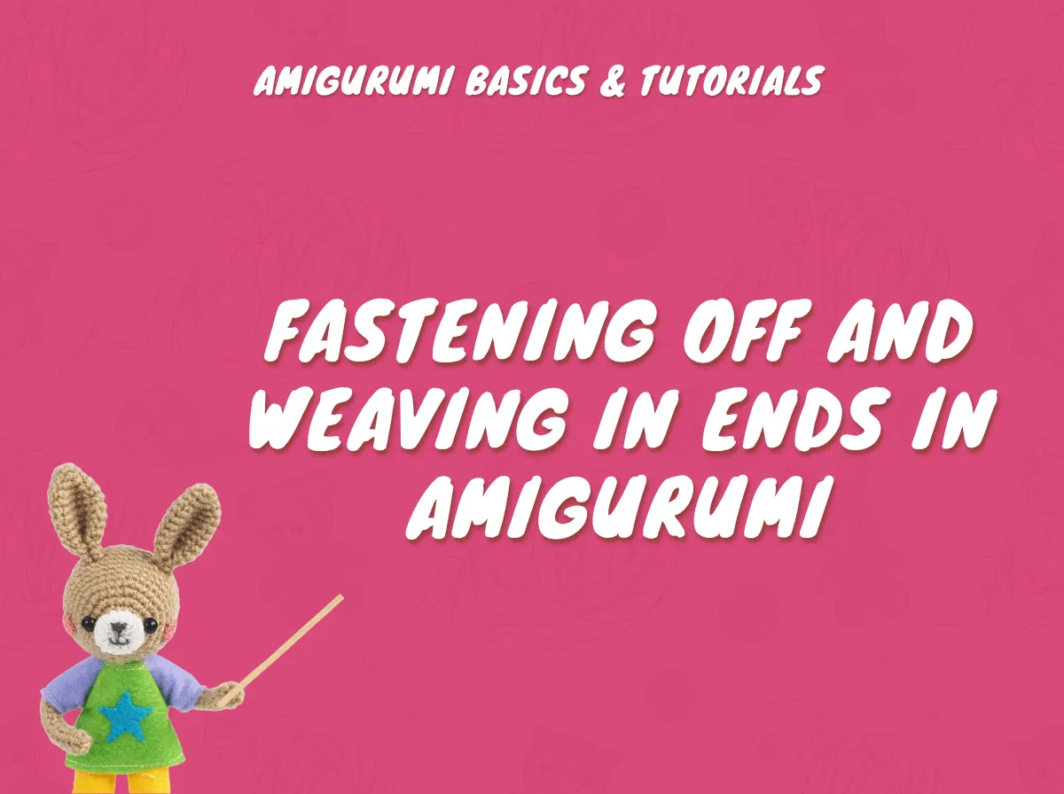 Crocheted bunny pointing to text about how to fasten off amigurumi securely on a bright pink background.