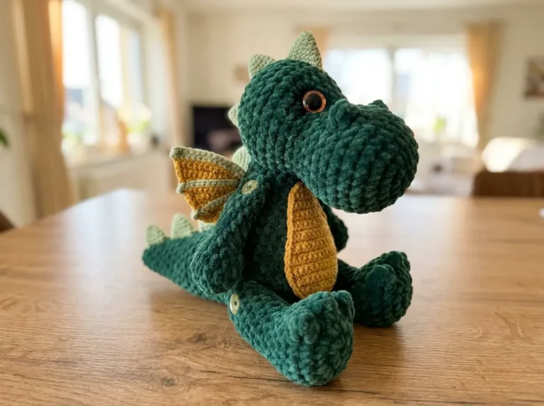 Free dragon amigurumi pattern — Vesper the forest dragon with wings and spines, sitting on a wooden shelf