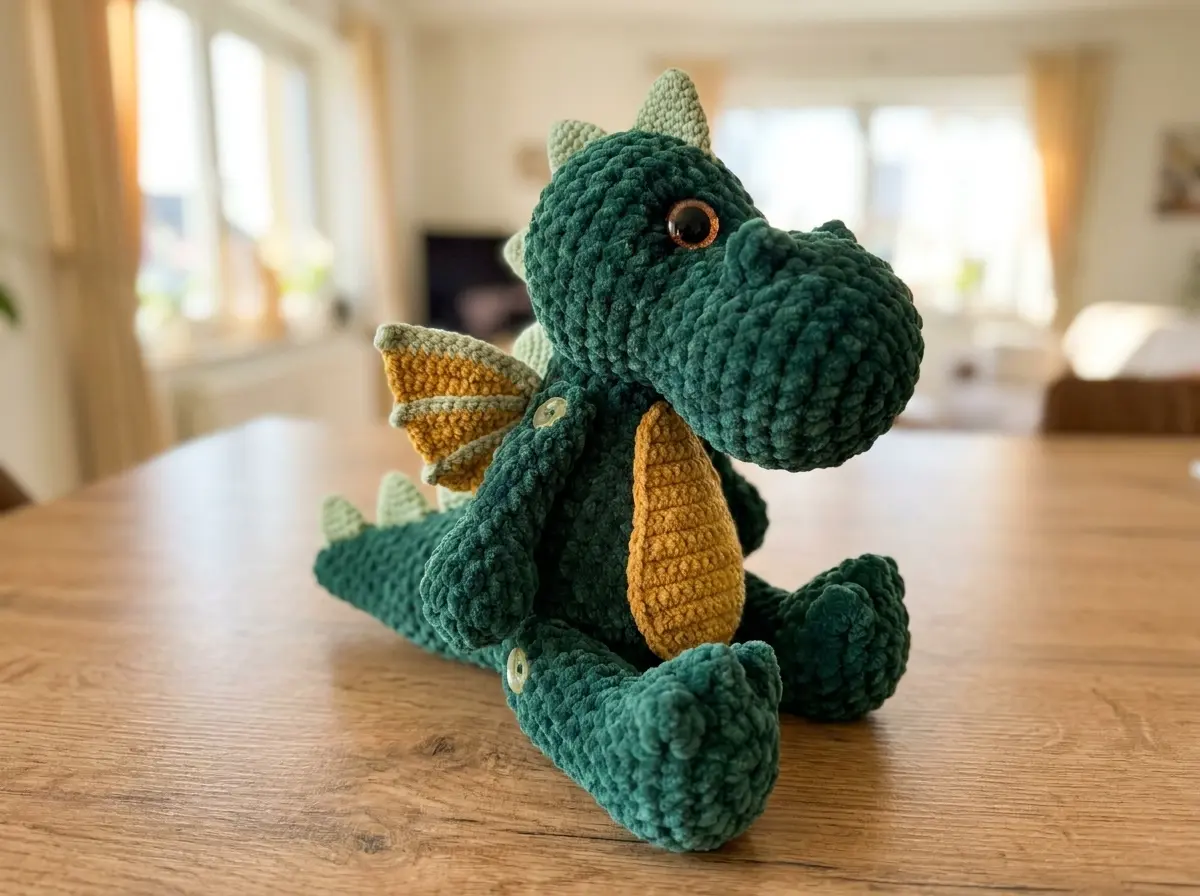 Free dragon amigurumi pattern — Vesper the forest dragon with wings and spines, sitting on a wooden shelf