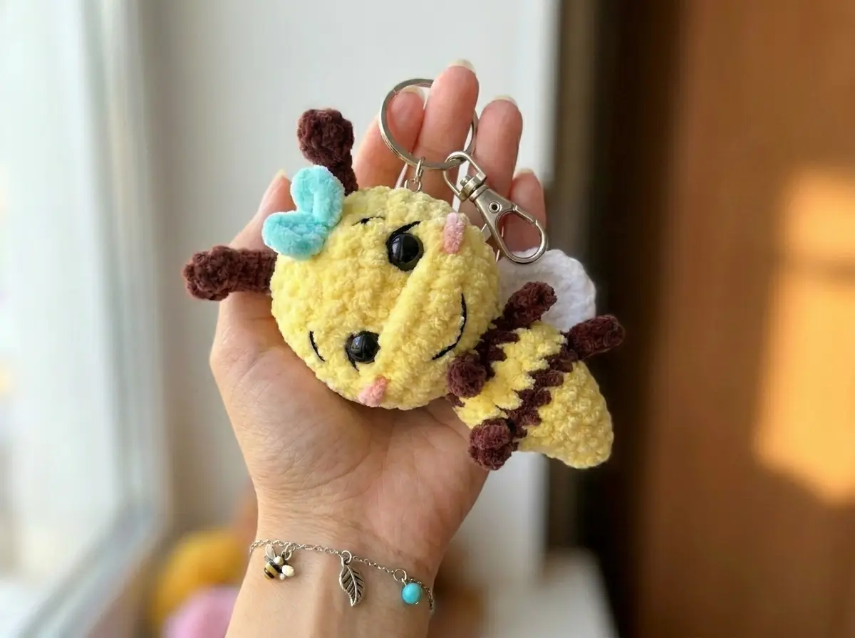 Plush yellow crochet amigurumi keychain bee with brown stripes, small wings, and a turquoise bow, held in a hand.