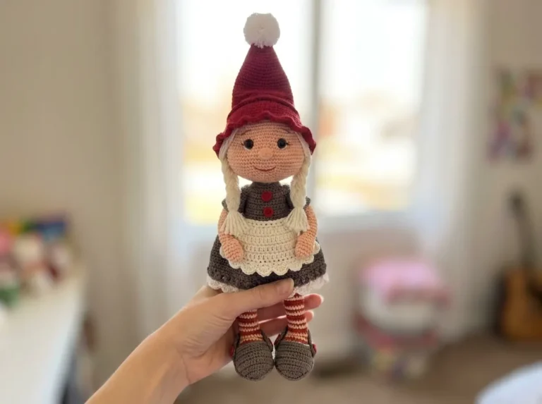Hand holding a red hat crochet gnome with white braids. Part of our free crochet gnome pattern amigurumi.