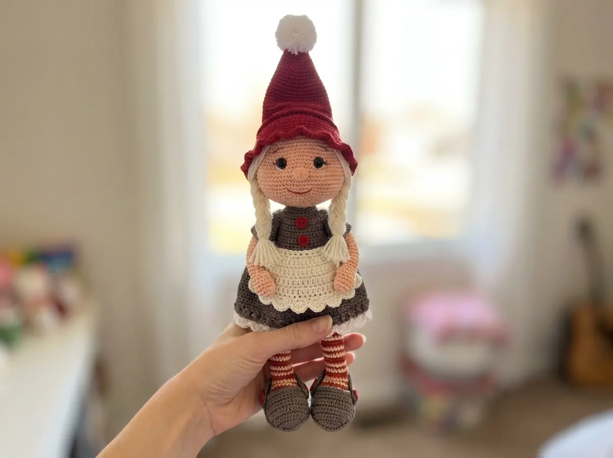 Hand holding a red hat crochet gnome with white braids. Part of our free crochet gnome pattern amigurumi.