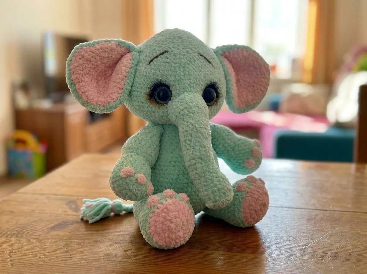 Amigurumi elephant pattern in light blue sits on a weathered wooden bench in an outdoor garden setting.