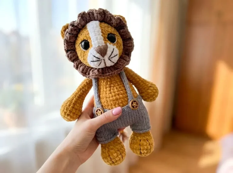 Hand holding a velvet lion amigurumi wearing grey overalls with star buttons by a sunny window.