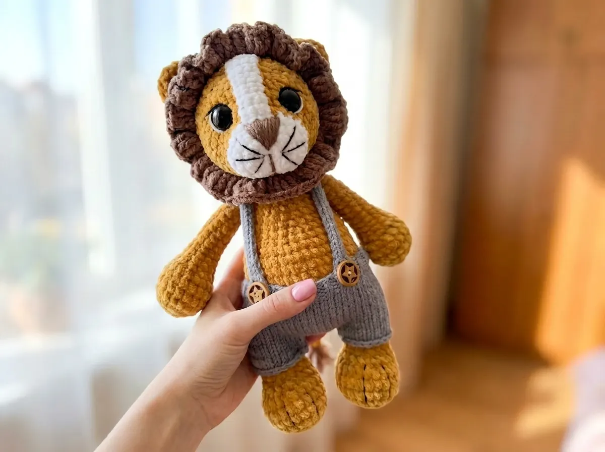 Hand holding a velvet lion amigurumi wearing grey overalls with star buttons by a sunny window.