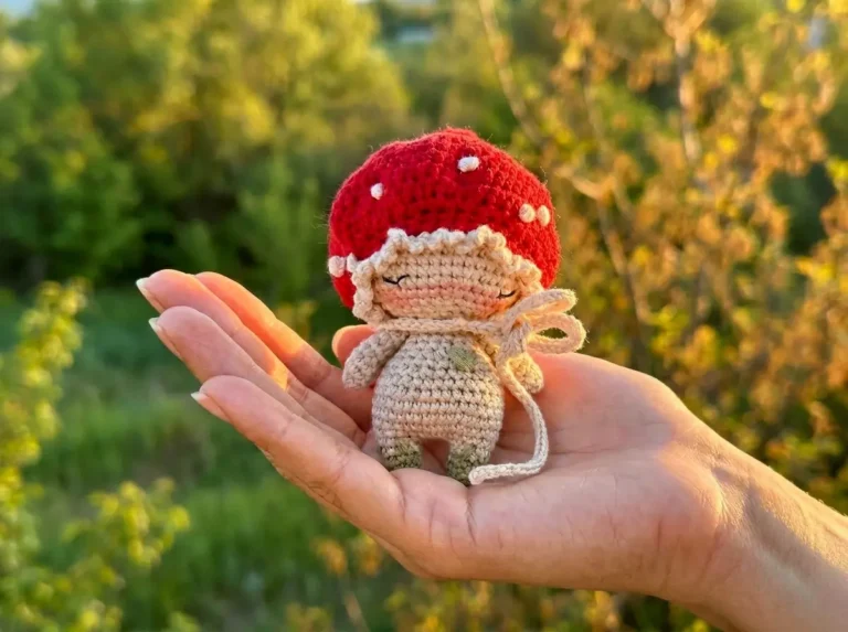 Hand holds a mushroom amigurumi doll with a red cap, white spots, and closed eyes against a leafy background.
