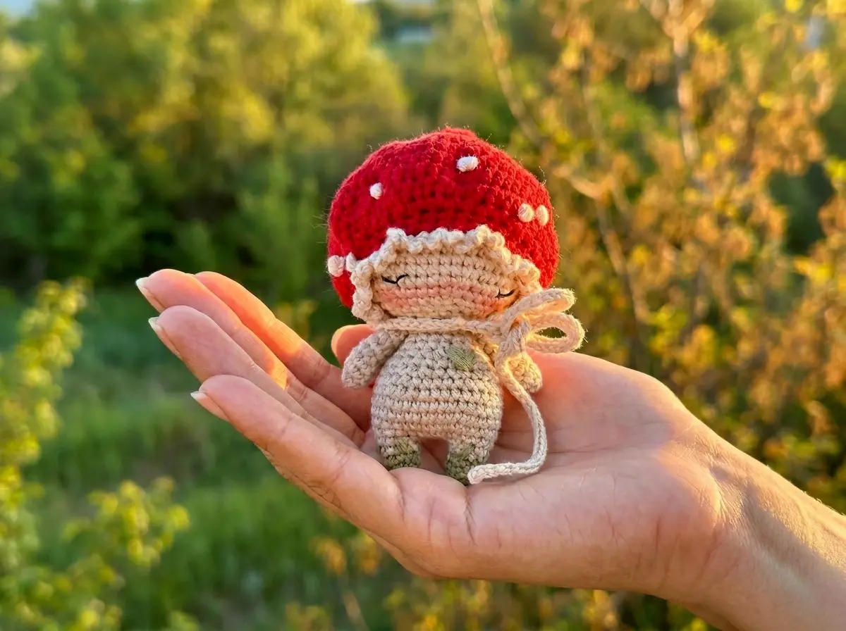 Hand holds a mushroom amigurumi doll with a red cap, white spots, and closed eyes against a leafy background.
