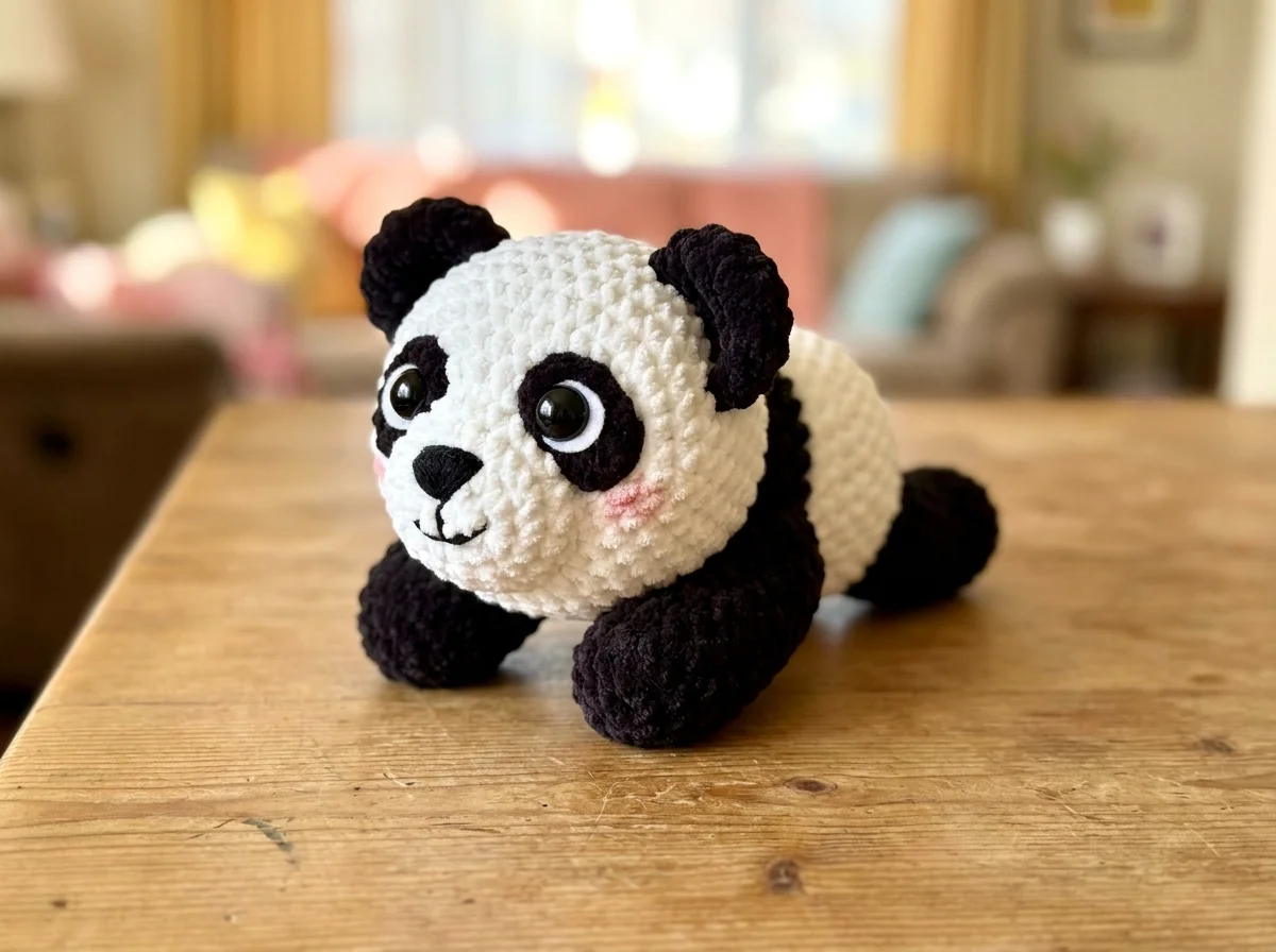 Black and white velvet panda amigurumi resting on a wooden table with a blurred living room background.