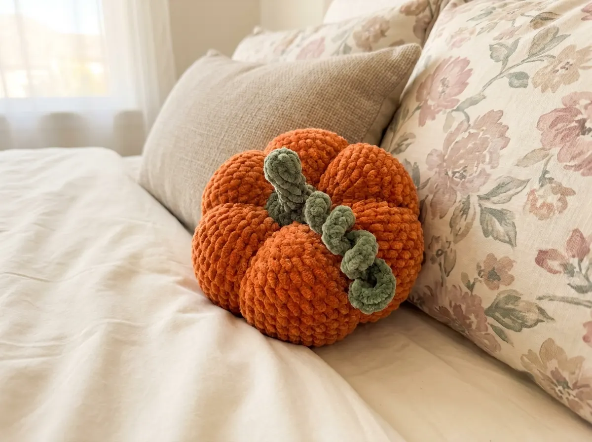 Plush orange pumpkin amigurumi with a green stem resting on a white bed between a floral and a beige pillow.