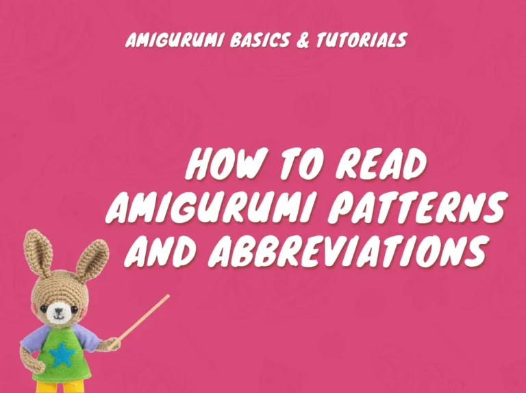 Crocheted bunny holding a pointer next to text about how to read amigurumi patterns on a pink background.