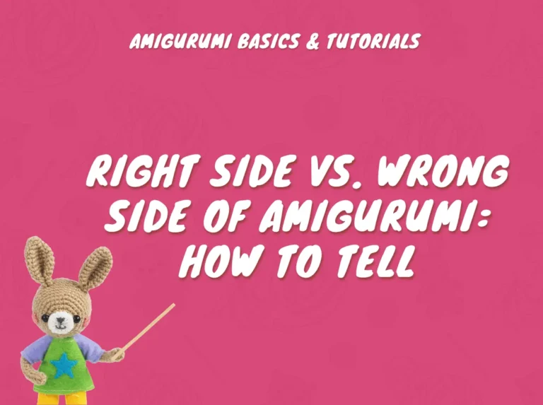 Learn to distinguish right side vs wrong side amigurumi with this helpful illustrated rabbit guide against a pink background.