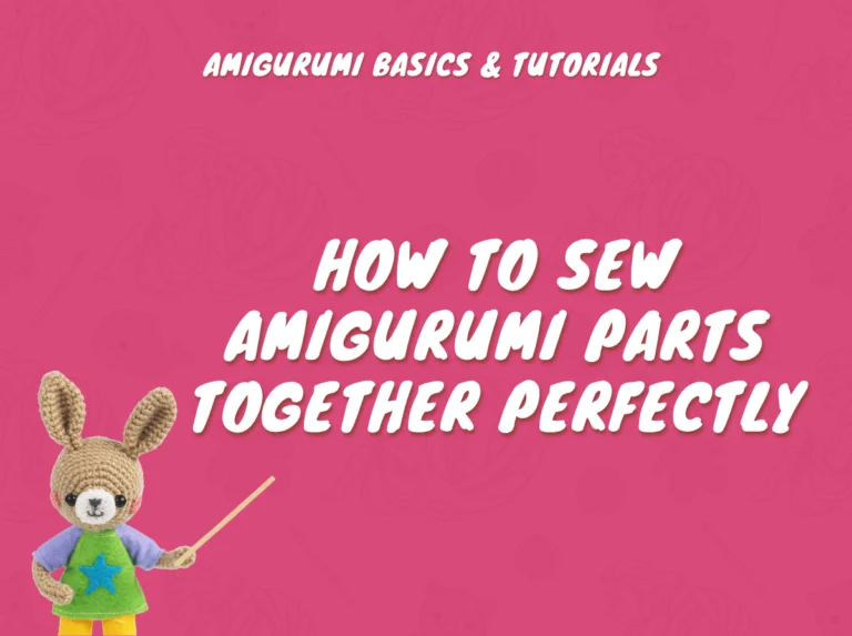 Crocheted bunny wearing a star shirt stands against a magenta background with text for sewing amigurumi parts tutorial.