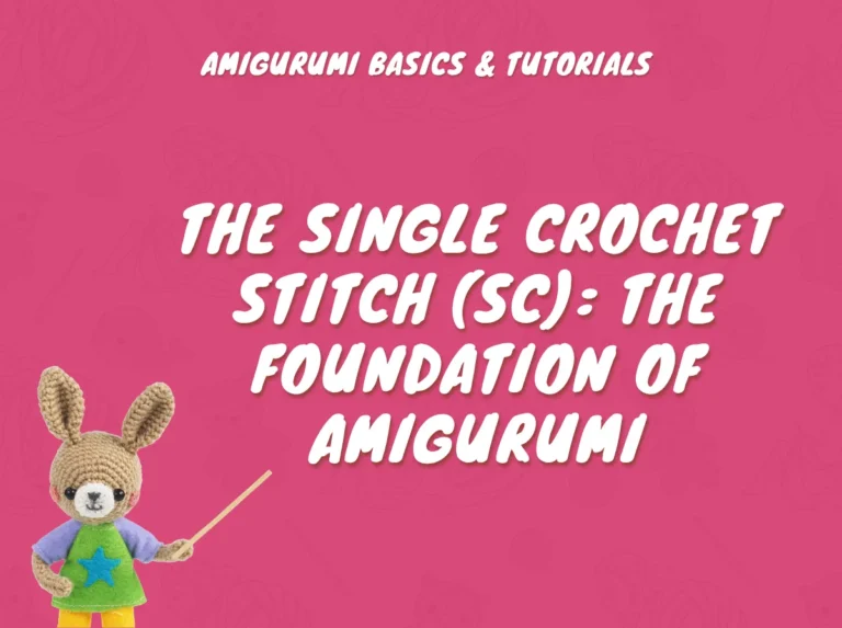 Crocheted rabbit pointing to text about the single crochet amigurumi stitch on a pink background.